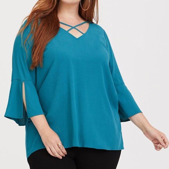 Torrid Strappy Bell Sleeve Cage Neck Crepe Blouse Teal‎ Aqua Top Plus Size 3 3X - Picture 1 of 8